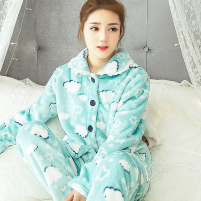 韩版秋冬季加厚珊瑚绒女士睡衣睡裤套装粉色可爱开衫长袖家居服