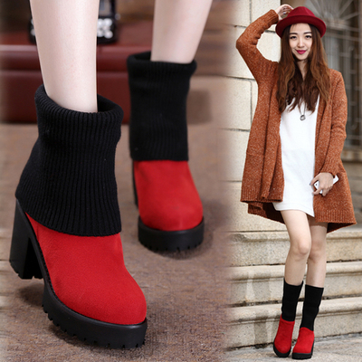 冬季加绒保暖棉靴欧美真皮粗跟短靴针织毛线中筒靴红色高跟女靴子