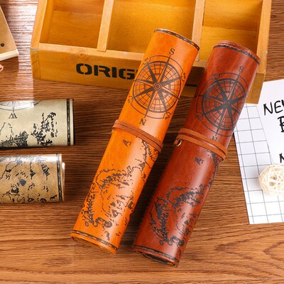 韩国版创意复古时尚卷帘笔袋海盗便携皮革学生铅笔文具盒清新复古