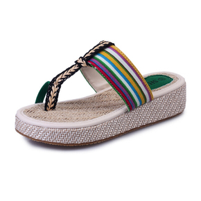 夏季新款波西米亚编织套趾坡跟女士拖鞋