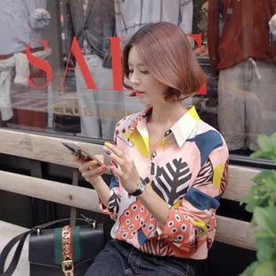 韩国官网代购2016秋装新款 甜美涂鸦气质百搭 拼色翻领长袖衬衫女