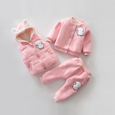 一两岁女宝宝冬装运动套装0-1-2-3岁女童加绒卫衣婴儿棉衣三件套