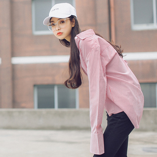 ICHIC 2016秋新款韩版甜美时尚学院风喇叭袖条纹衫中长款宽松衬衫