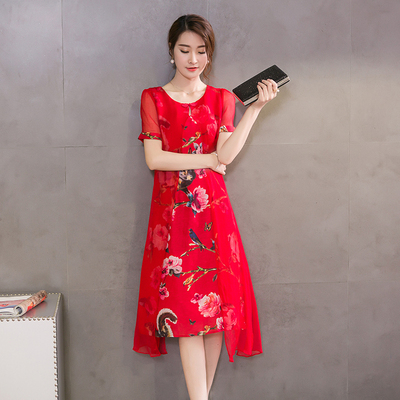 2016夏季高档真丝连衣裙桑蚕丝大码短袖红色修身假两件气质中长裙