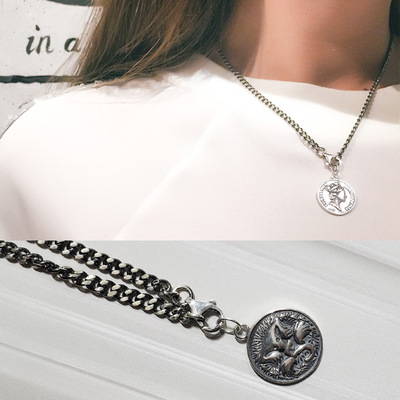 Nans 韩国S925纯银个性复古做旧链条伊丽莎白银牌项链