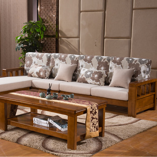 现代新中式全实木沙发组合客厅橡木家具贵妃转角木布沙发三人组装