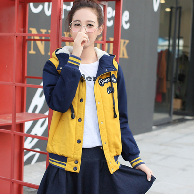 韩版学生加绒棉衣外套女棉袄拼色短款棉服学院风修身加厚棒球服女