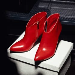 韩版新款红色真皮裸靴细跟短靴时尚尖头女靴靴子女高跟婚鞋四季鞋