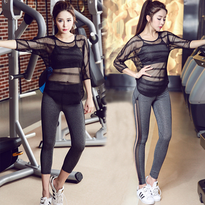 韩国春夏季瑜伽服女跑步速干蕾丝网眼健身衣运动镂空半袖三件套装