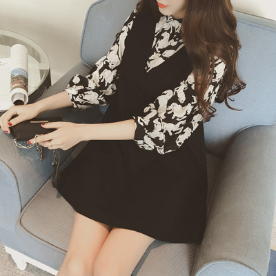 2016秋季新款女装韩版假两件背带裙子高腰长袖直筒裙衬衫连衣裙潮