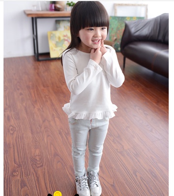 女童2015秋装新款t恤韩版宝宝儿童 童装木耳边长袖棉质打底衫上衣