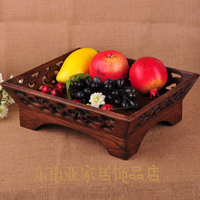 泰国进口欧式复古创意水果盘 实木木雕糖果盘果盆木质收纳水果篮