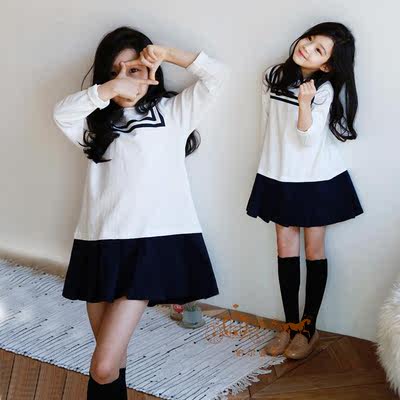 新款秋款韩版女童学院风长袖连衣裙中大童学生服条纹海军百搭裙子