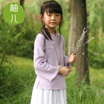 柚儿童装 紫莲棉麻茶服女童唐装中式小女孩秋装中国风 古筝演出服