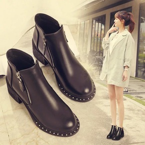 冬季新款粗跟马丁靴女韩版高跟单靴双拉链短靴英伦风加绒短筒靴