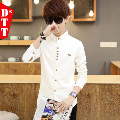 青少年衬衫男长袖秋季衣服韩版修身男士休闲衬衣白色学生男装寸衫
