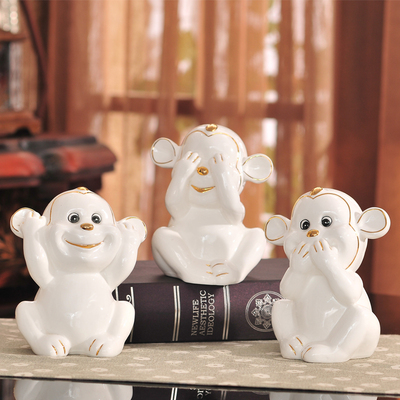 三只小猴可爱陶瓷摆件骨瓷手绘猴子家居饰品客厅电视柜装饰礼品