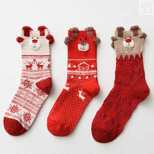 袜子女秋冬新款 麋鹿中筒袜 圣诞主题红色本命年袜子保暖纯棉袜子