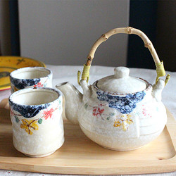 绿枫叶日式雪花茶壶色釉手绘陶瓷壶耐热水壶竹藤手把壶套餐茶具