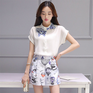 新款韩版时尚猫咪印花衬衫+印花半身裙休闲套装女潮送白色裹胸