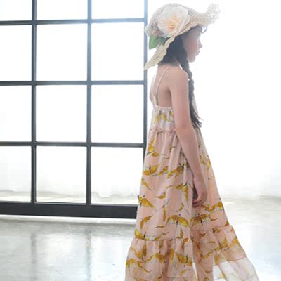2016女童装夏季新款 韩国印花吊带女神款长裙沙滩仙女裙子公主裙