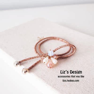 Liz's design 个性设计 双层水晶串珠珍珠蝴蝶结发绳 发饰