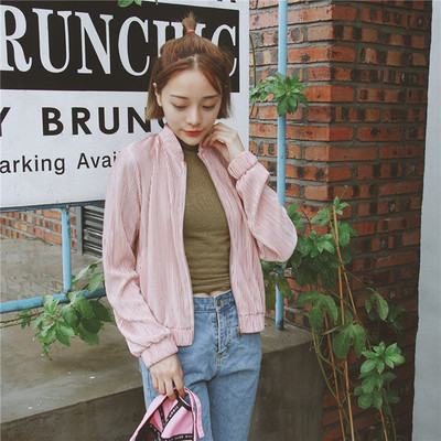 2016秋季韩版新品好质感粉色压褶棒球服外套夹克女