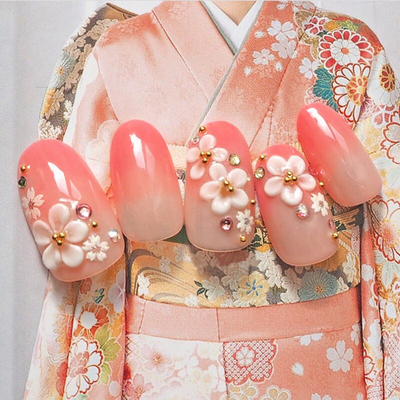手指甲 和服樱花风中长款成品美甲假指甲一盒24片背胶款指甲贴片