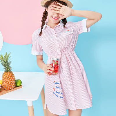 少女新款裙子夏条纹短袖衬衫连衣裙学生韩版中长款小清新睡衣裙