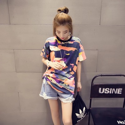 2016夏装新款韩版宽松迷彩印花圆领短袖连衣裙中长款T恤上衣女潮