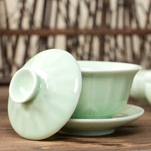 龙泉影青瓷茶具盖碗套装陶瓷办公泡茶龙泉窑青瓷仿古梅子青品茗杯