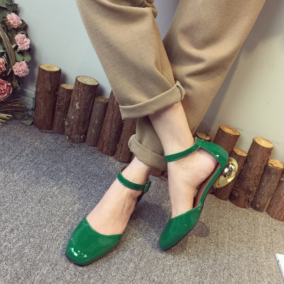 2016春韩版漆皮女鞋简单显白舒适一字扣带中跟低跟方头浅口单鞋女