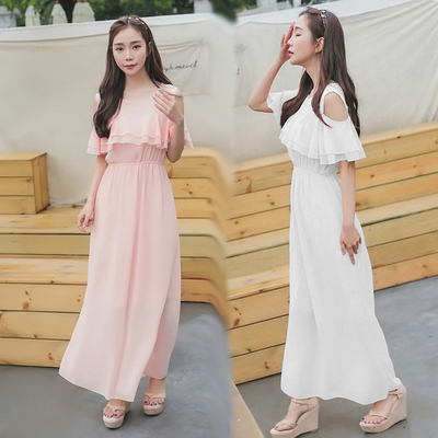 韩国女2016夏学生新款波西米亚长裙沙滩裙显瘦大摆雪纺连衣裙短袖