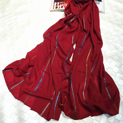 秋冬女民族风纯色超大百搭加厚围巾羊毛披肩文艺范红色两用旅游