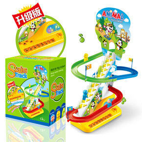 小猪企鹅爬楼梯升级版电动轨道玩具旋转滑梯拼装轨道儿童玩具礼盒