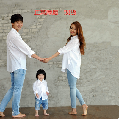 韩国亲子装秋装2016新款一家三口母子母女宽松白色衬衫上衣全家装