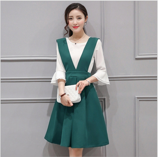 2016年韩版背带连衣裙雪纺宽松女装中长裙时尚显瘦两件套