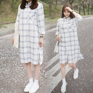 秋季新款韩版女装学院风复古格子衬衫裙中长款宽松学生长袖连衣裙