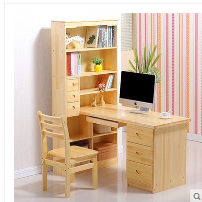 实木电脑桌转角台式松木书桌书柜简约组合简约儿童学习桌子带书架