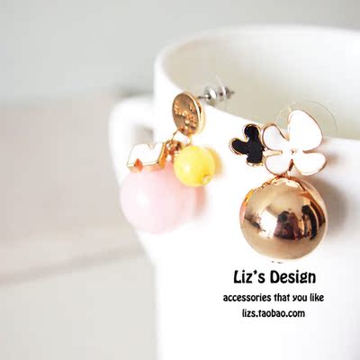 Liz's design2016早春新款韩国进口金球花朵彩珠N字母不规则耳环