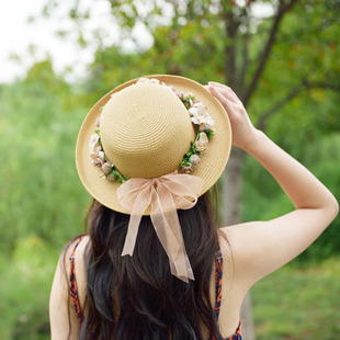 出游夏天花朵草帽女士花环遮阳帽渔夫帽卷边沙滩帽太阳帽亲子帽夏