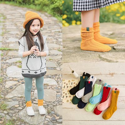 袜子厂家 小孩宝宝长筒童袜 韩国秋冬粗线布标纯棉短筒堆堆袜