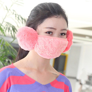 冬季天女士加厚保暖棉口罩耳新款韩版蕾丝双层防尘护耳二合一口罩