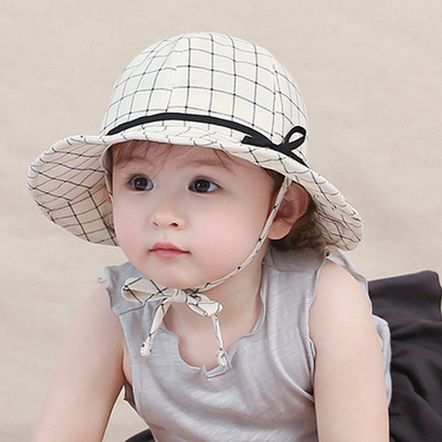 韩国正品婴儿帽子春秋新生儿格子款百搭男女童渔夫帽儿童可爱盆帽
