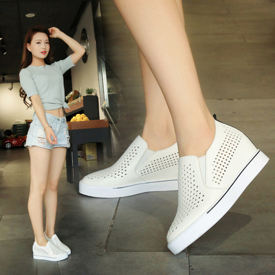 新款ulzzang夏季韩版平底女鞋透气镂空2016厚底隐形内增高小白鞋