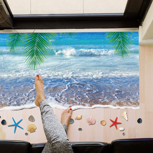 3D立体浴室防水墙贴纸自粘玄关楼梯厨房间防油地板贴仿真海滩贴画