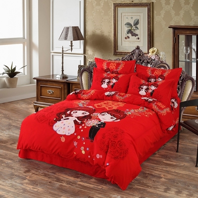 全棉加厚磨毛四件套 1.8m纯棉大红婚庆床品床单被罩床上用品