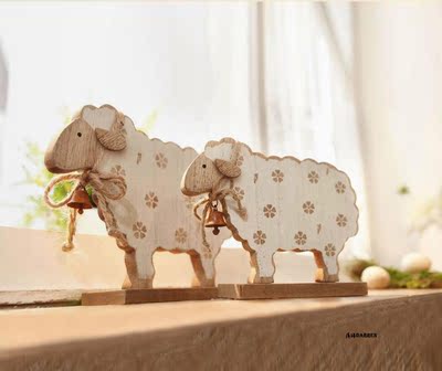 可爱木质小绵羊摆件套二 田园风格做旧卡通绵羊儿童房书房装饰羊