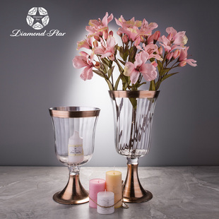钻石星高脚杯花瓶金色透明玻璃蜡烛台欧式创意家居客厅摆件插花大