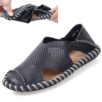 夏季新款男皮凉鞋 真皮透气洞洞低帮凉拖鞋子手工缝制冲孔包头鞋